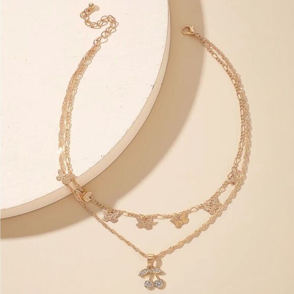 NEW! Layered Gold Butterfly & Cherry Charm Necklace - Picture 4 of 6